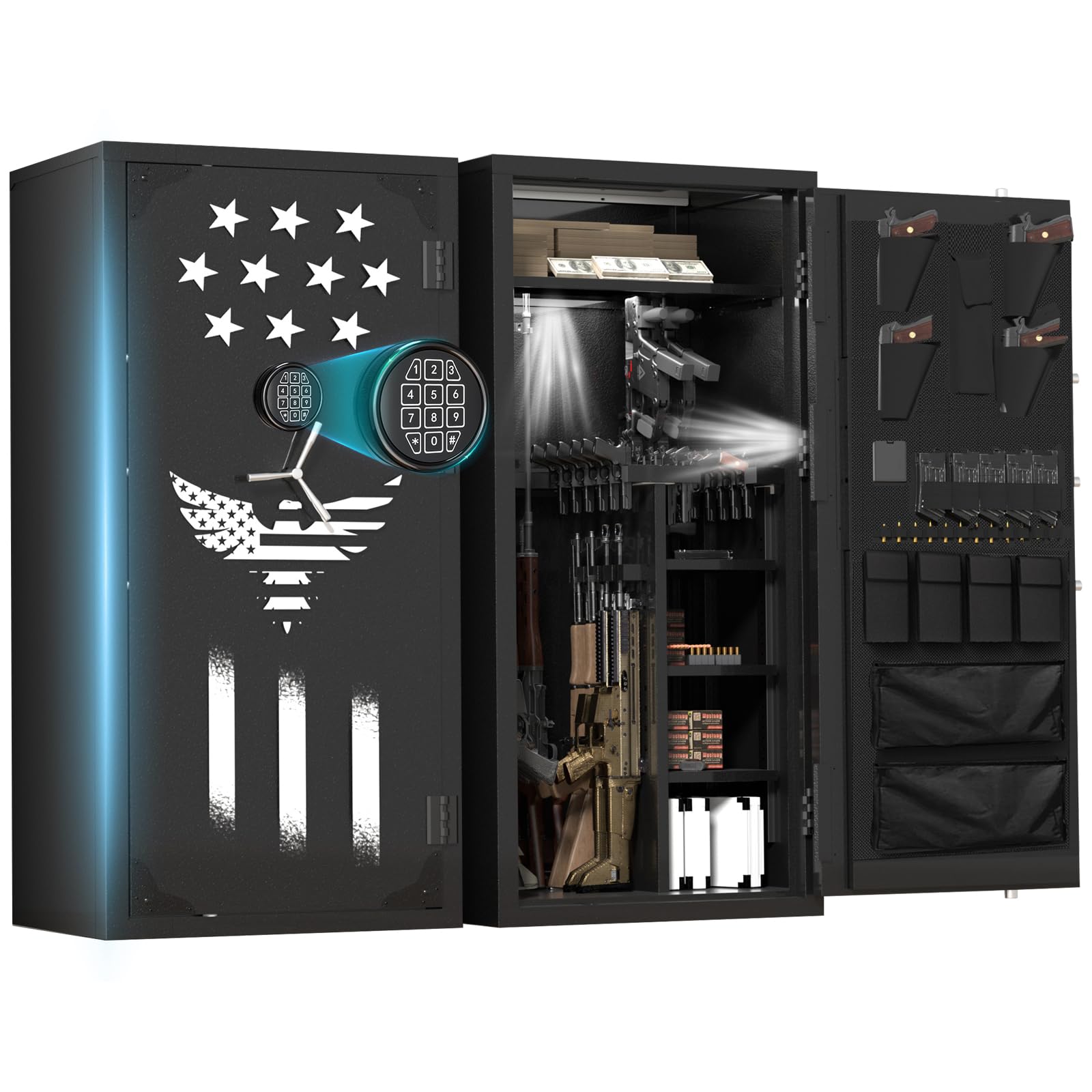 2025 Large Rifle Safe, 30-40 Gun Safe for Rifle and Shotgun/Rifle Pistol Rack/Storage Pocket/Removable Shelf/Silent Mode/External Battery/LED,180° Open Door Panel Organizer Gun Safe Unassembled