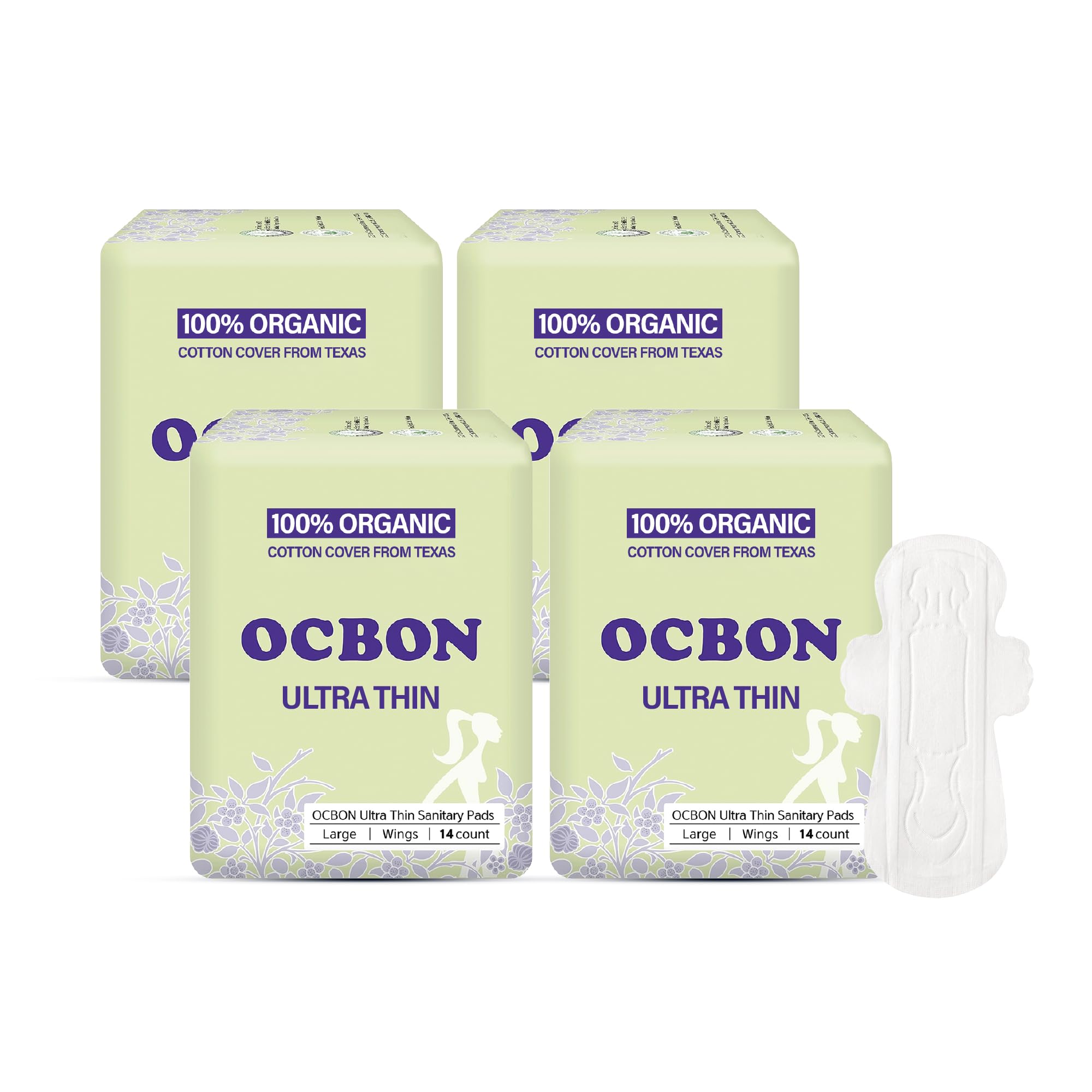 OCBON Unscented Ultra Thin Sanitary Pads (56 Count, Large) – Organic Cotton Feminine Pads with Wings for Women, Super Absorbent & Soft, Period