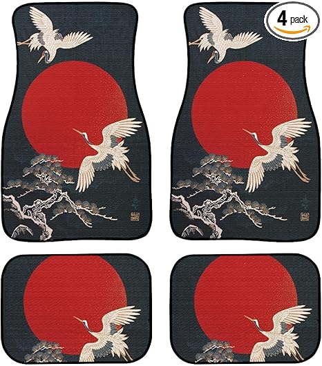Japanese Crane Art Print Car Floor Mats Custom Traditional Style Bird Flying to The Moon Floor Mats for Cars Universal Front Rear Car Rugs Decorative Auto Car Accessories for Car Truck