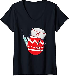 Mujer Divertido Huevo de Pascua Enfermera Jeringa Estetoscopio RN Camiseta Cuello V