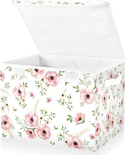 Miniatura 2 de DOMIKING Cestas de almacenamiento de flores rosas con tapas contenedores rectangulares decorativos para organizar juguetes cajas de almacenamiento