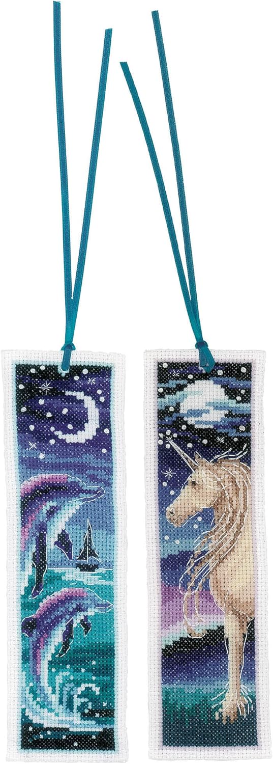 Vervaco Bookmark Counted Cross Stitch kit Dolphin and Unicorn Set of 3, 6x20cm, DIY