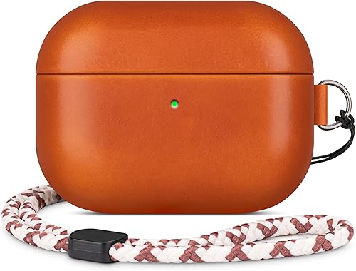 Funda de cuero compatible con AirPods Pro 2, botón de sincronización, diseño de clip D con cordón de mano, funda de cuero genuino para AirPods Pro