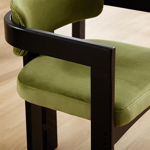 Miniatura 6 de Juego de 6 sillas de comedor tapizadas con brazo y respaldo, cojín verde terciopelo, patas de madera negra
