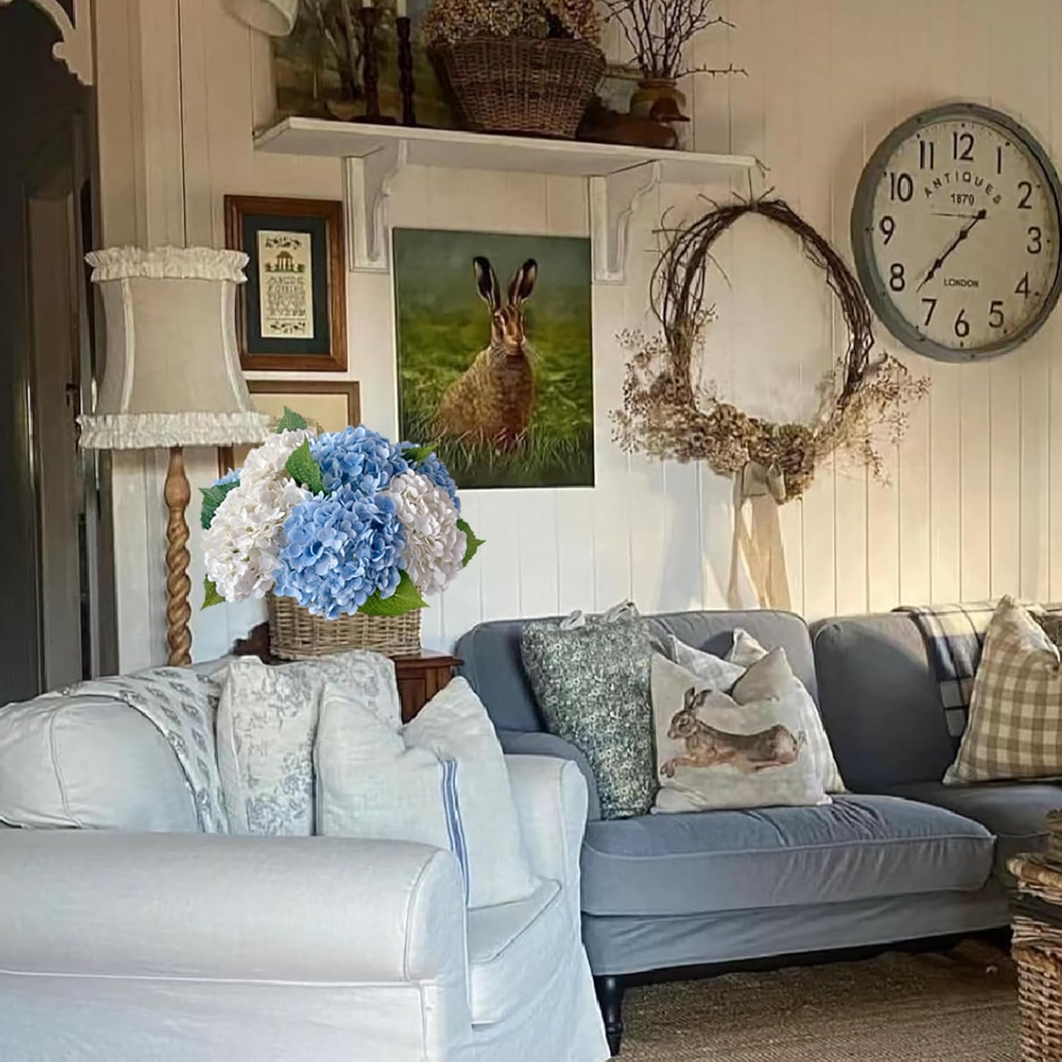 YalzoneMet 3 Pcs 21’’ Graduated Blue Artificial Hydrangea Real Looking Lifelike Real Touch Faux Long Stem Big Hydrangea for Home Party Outdoor Christmas Decor Table Centerpiece