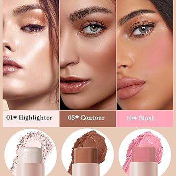 3Pcs Contour Highlighter Blush Stick, Bronzer Beauty Wand with Brush, Waterproof Long Lasting Cream Concealer for Sculpt the Cheeks, Lightweight Smooth Face Makeup Contouring Stick Set for All Skin