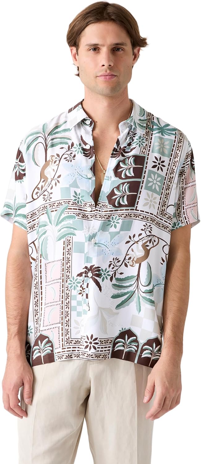 Guess Men's Short Sleeve Wayco Sateen Thai Tropics Print Shirt