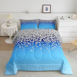 Feelyou Silver Glitter Print (No Glitter) Comforter Bling Party Decorations Bedding Set Diamond Blue Comforter Set for Girls Decor Duvet Set Quilt Twin Size Boys
