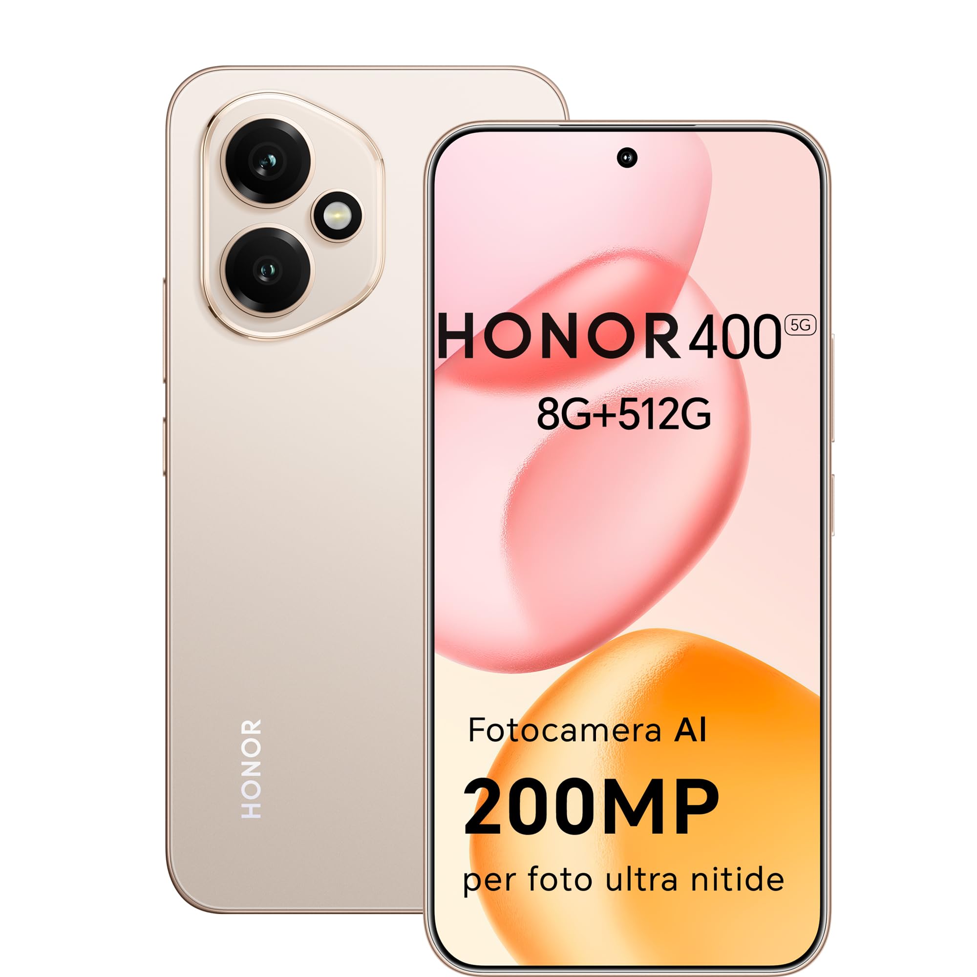 HONOR 400 Smartphone 5G Dual SIM NFC,200MP con AI fotografica, 8GB/512GB,5300 mAh, 6.55 pollici AMOLED Eye-Care Display cellulare, Snapdragon 7 Gen 3 telefono, Smartphone con Android 15,Desert Gold