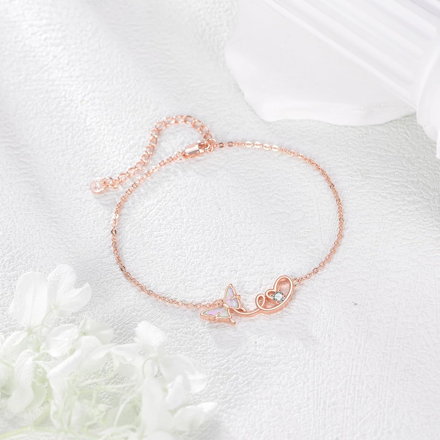 Pink Opal Butterfly Bracelet Women, 925 Sterling Silver Moissanite Butterfly Heart Charm Bracelet, Fine Jewelry Anniversary Birthday Gift for Wife Mother Girlfriend 7+2 Inch