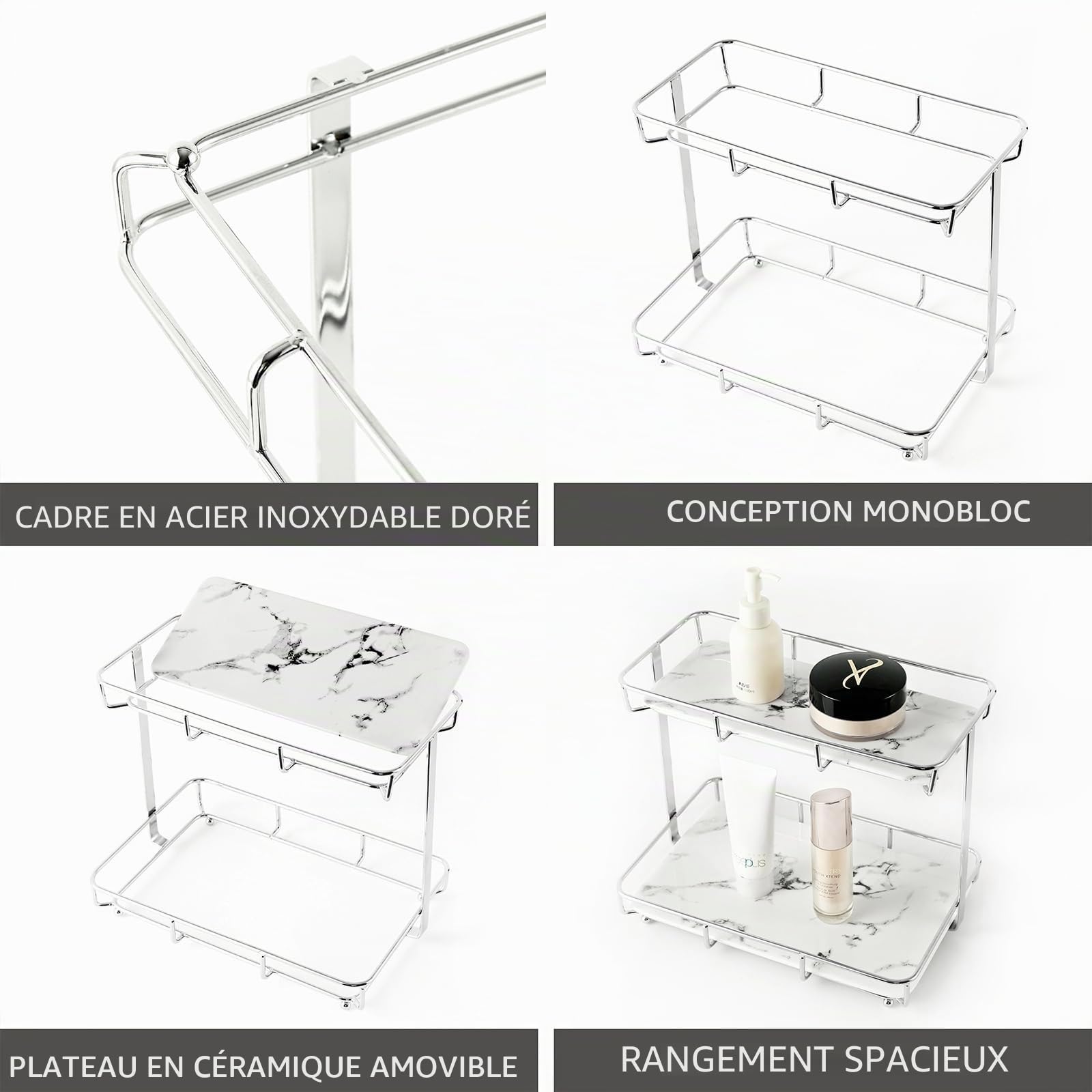 Organiseur de salle de bain pour parfum, maquillage, présentoir de rangement pour cosmétiques, plateaux en acier inoxydable doré et en céramique marbre blanc (2 niveaux, L, argent)