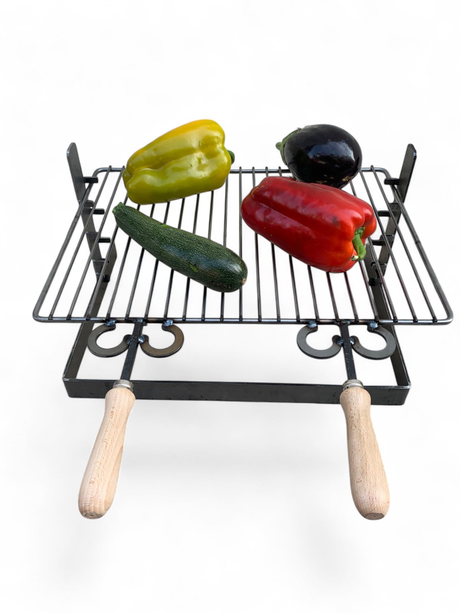 Griglia in ferro regolabile su più altezze, bistecchiera con manici in legno, per barbecue e camino per carne pesce verdure (50x36 cm)