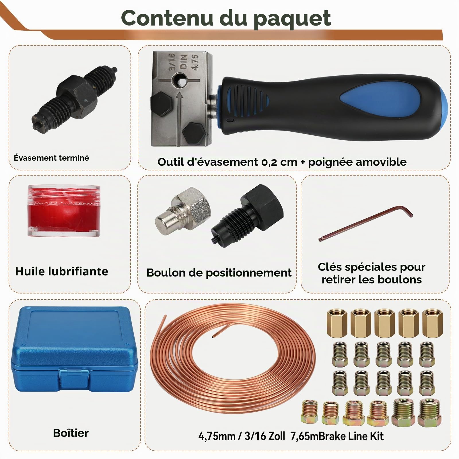 Kit d'évasement universel pour conduites de frein 3/16", outil d'évasement pour conduites de frein, 7,62 m de long avec Ø 4,75 mm et 16 raccords + 5 raccords