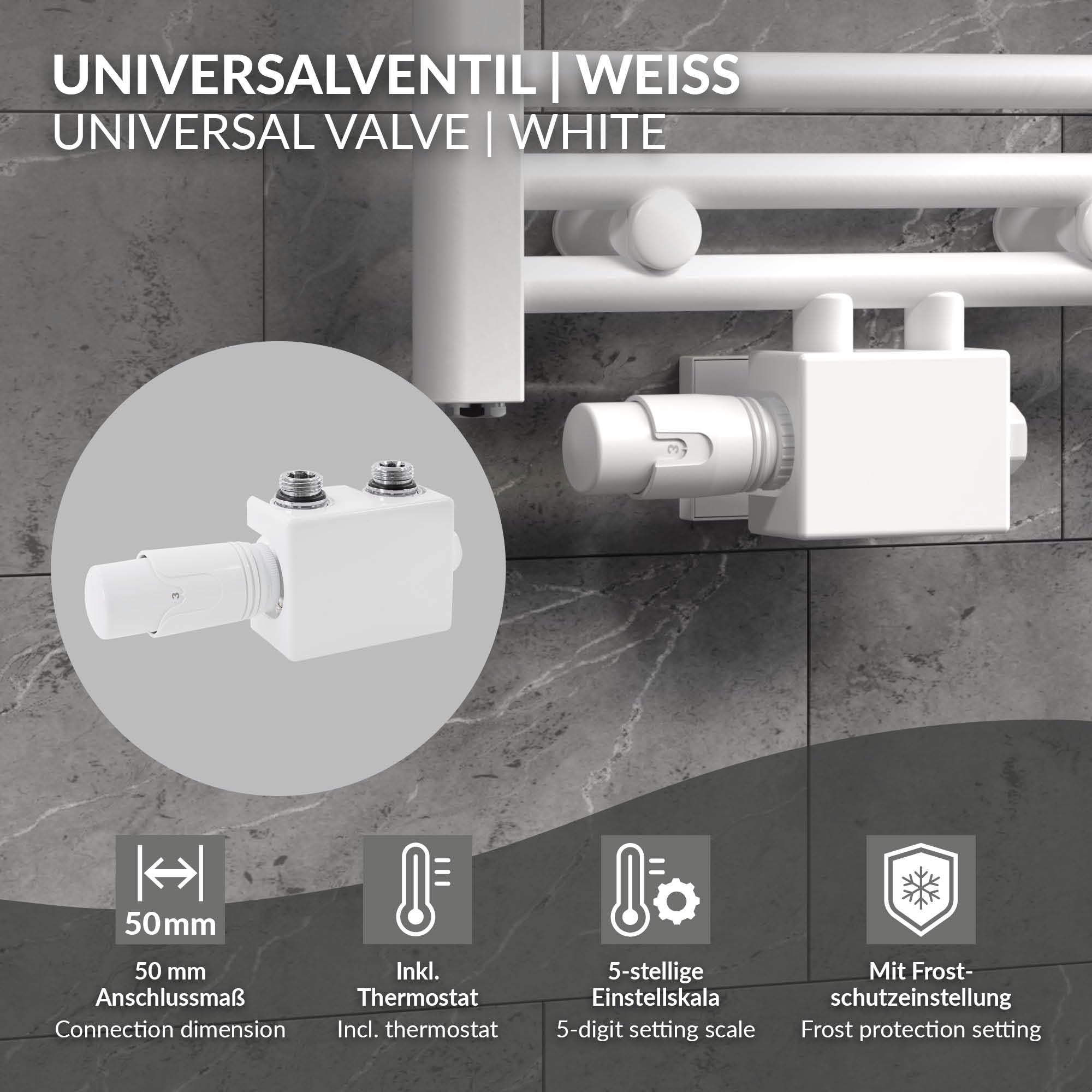 LuxeBath Juego de Grifería Multibloque Blanco Incluye Cabezal Termostático para Radiadores de Baño con Conexión Central Universal Cabezado Termostatico Adecuado para Tuberías de Suelo o Pared