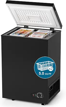 Sweetcrispy 5.0 Cu.Ft Chest Freezer with 2 Removable Baskets - Energy Efficient and Ultra-Quiet Deep Freezer w/6 Temp - Manual Defrost, Free Standing Top Open Door for Home Garage Basement - Black