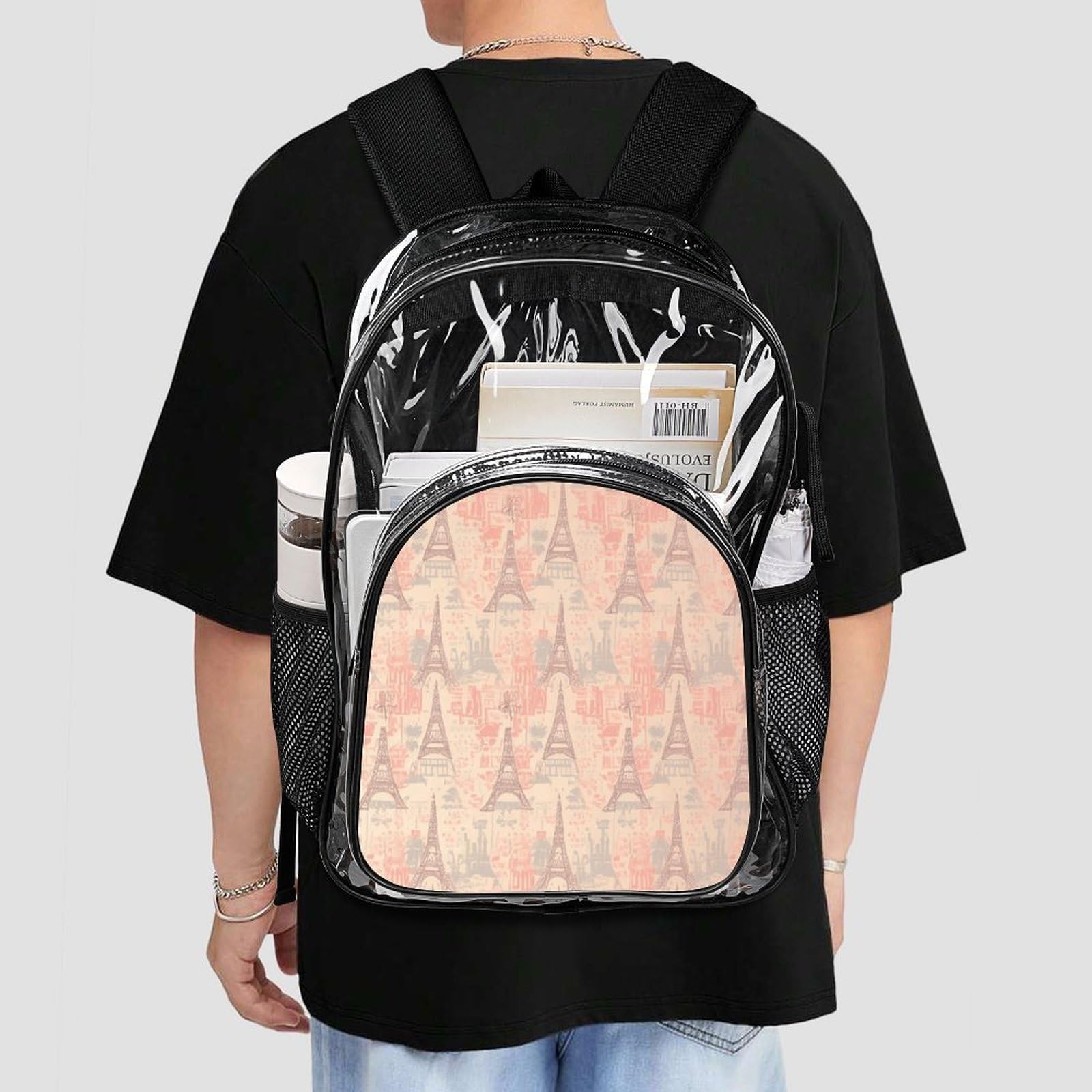 Rucksack mit Eiffelturm-Muster, Frankreich, transparent, transparent, aus PVC, für Sicherheit, Arbeit, Reisen, Stadion