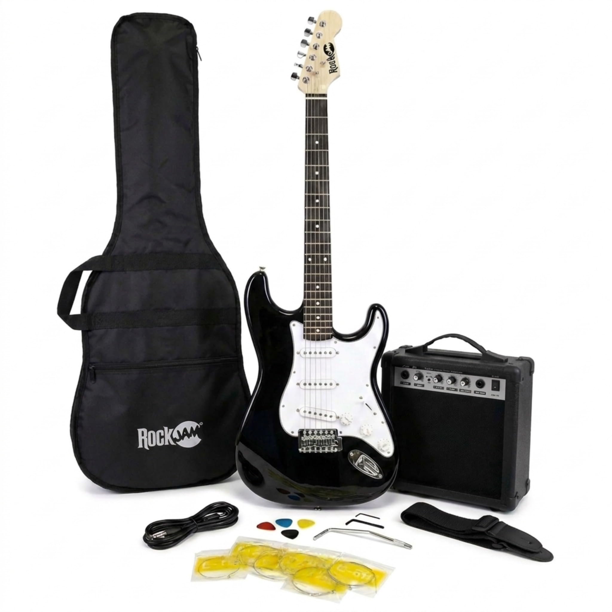 RockJam Kit Guitare Électrique Taille Standard pour Débutants, Noir, 6 Cordes avec Ampli 10 W, Housse, Sangle, Câble, Médiators et Vibrato