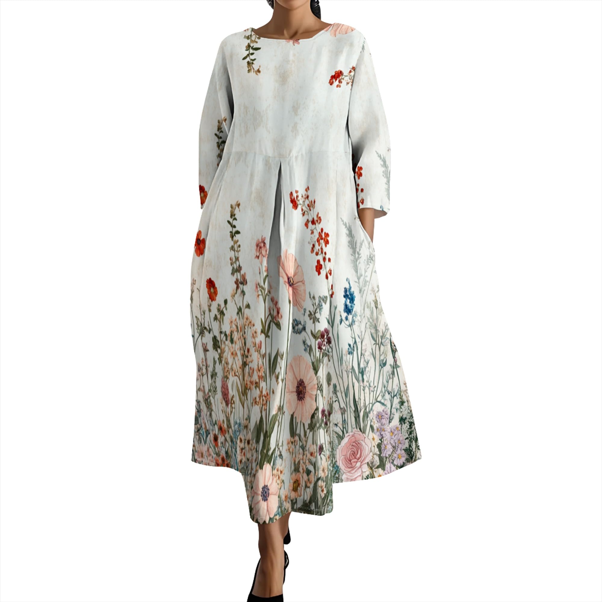 DMOYALA Women Linen Floral Maxi Dress Spring Long Sleeve Flowy Oversized Baggy Boho Dresses Casual Loose Long Dress Pocket