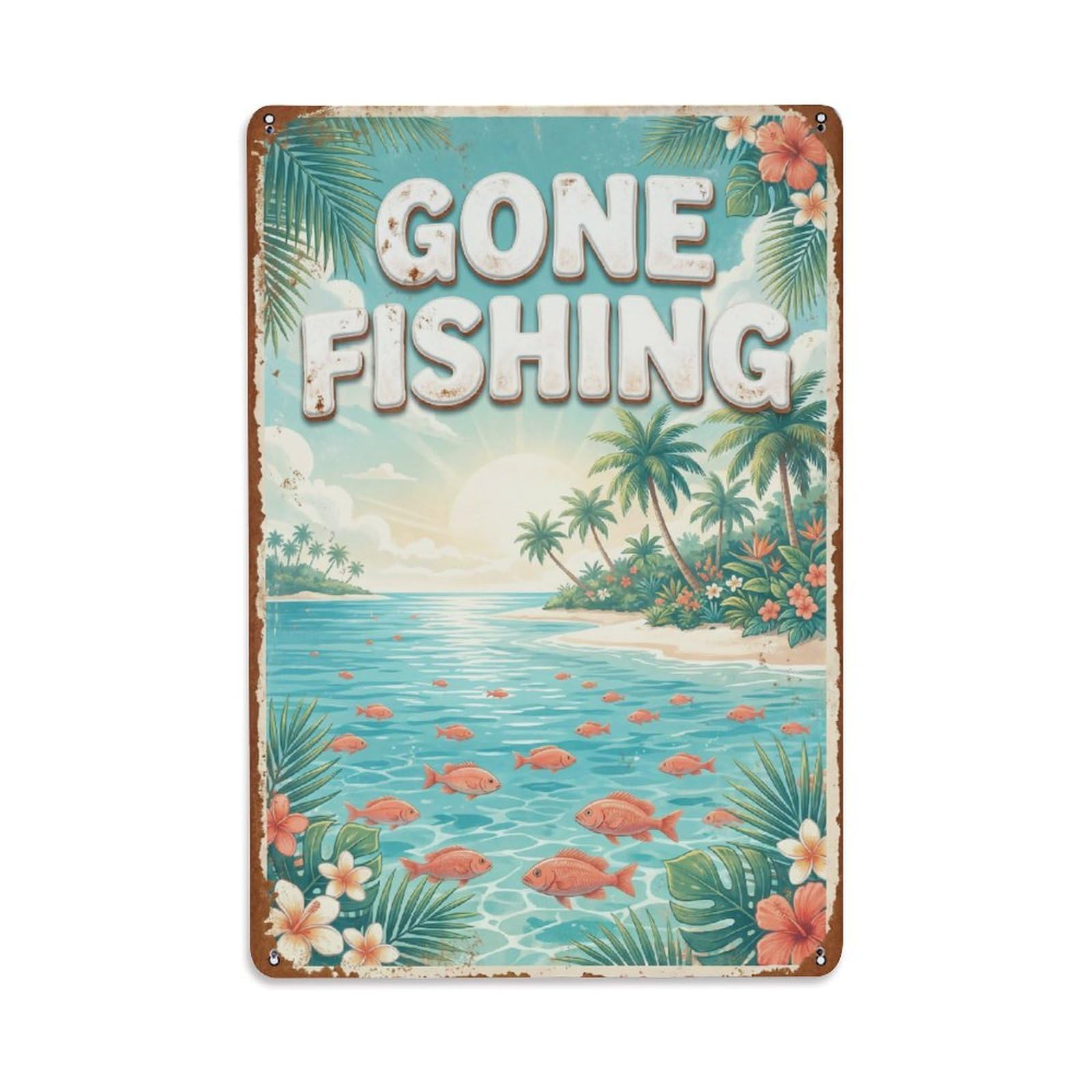 Gone Fishing Paradise Heaven Vintage Metal Tin Sign Plaque Wall Decor for Cafe, Club, Garden Metal Poster 8x12Inch