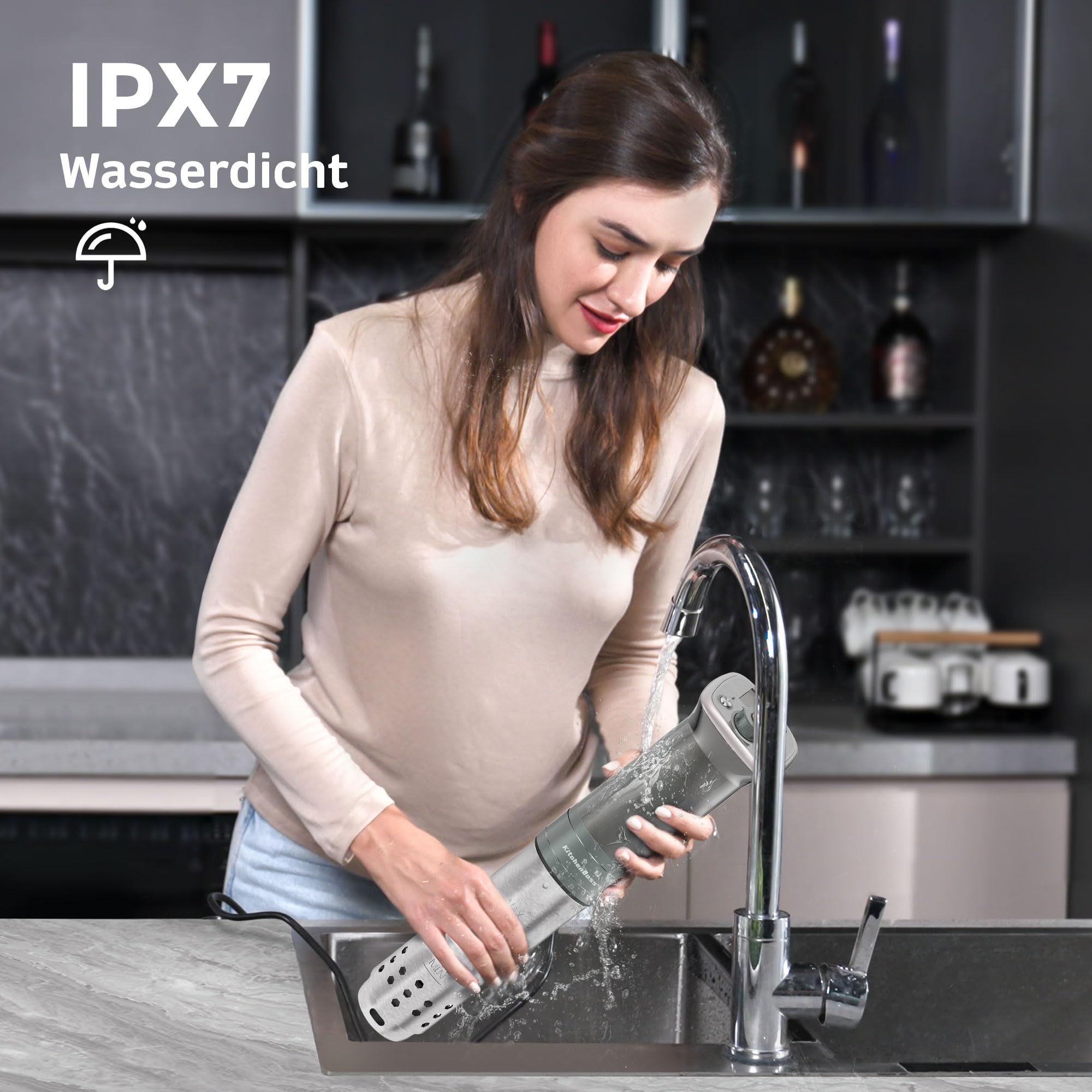 KitchenBoss Sous Vide Stick WiFi：Sous Vide Garer App-Steuerung Sous Vide Stab WLAN Präzisionskocher TFT Touch Display 1100W Zirkulation 40℃-90℃ Ultra-leise IPX7 Wasserdicht