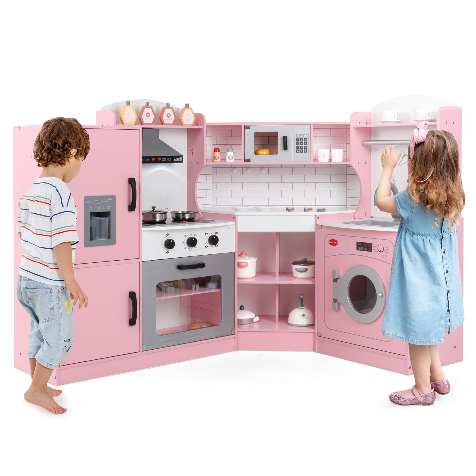 Kids Corner Kitchen, Wooden Children Play Kitchen with Light & Sound, Ice Dispenser, Accessory Utensils, Toddler Role Play Cooking Playset for Girls Boys (Pink without Telephone)