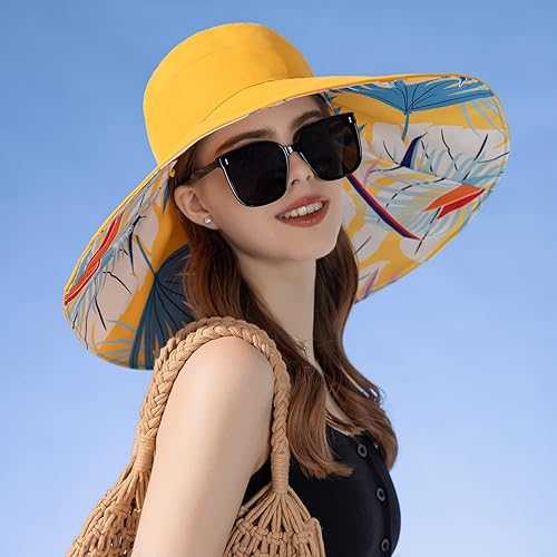 Vista 5 de HUAMULAN Sombrero de sol de verano para mujer, ala ancha, borde con alambre, floral, playa, cubo, sombreros reversibles, plegables, protección UV