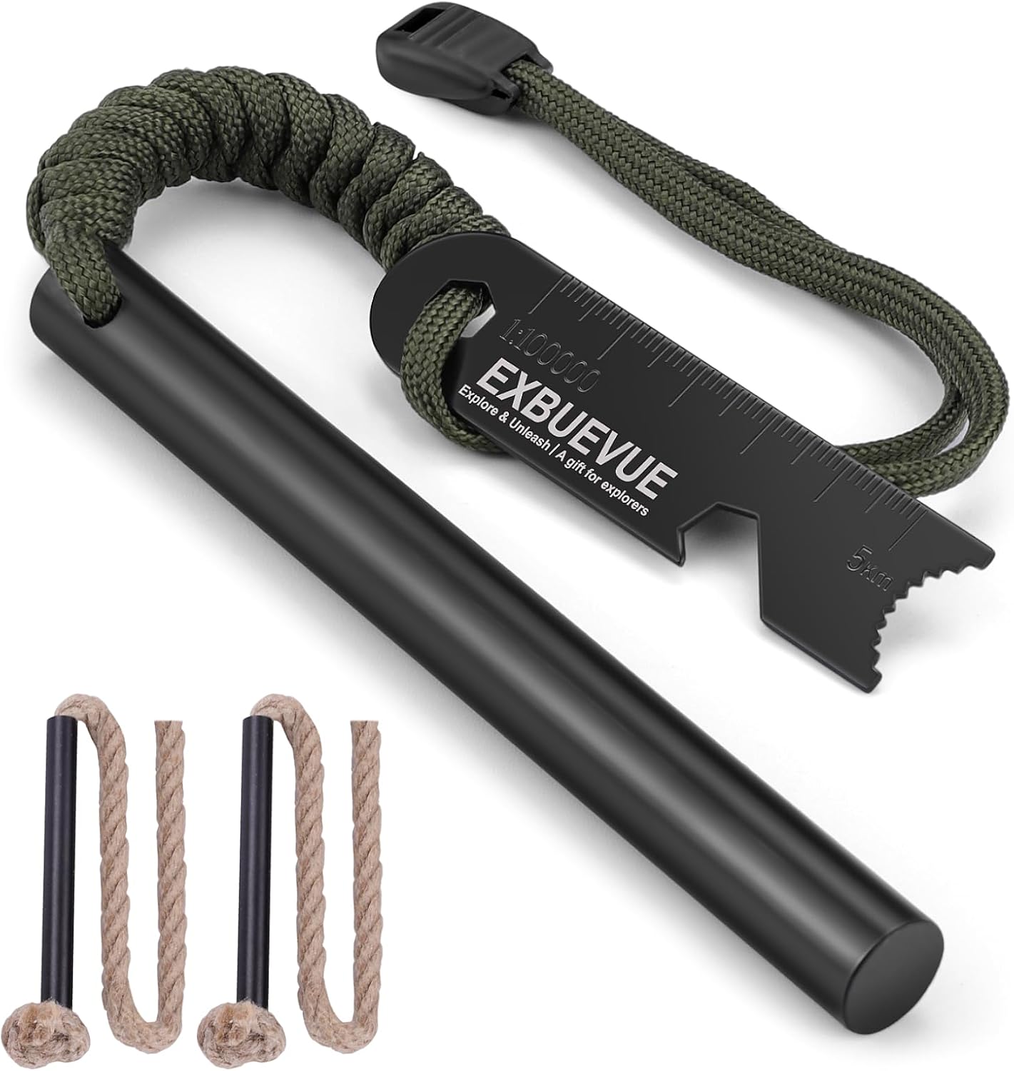 EXBUEVUE Arrancador de fuego, varilla de ferro de 5 pulgadas, herramientas de supervivencia al aire libre, pedernal y acero con 2 cuerdas