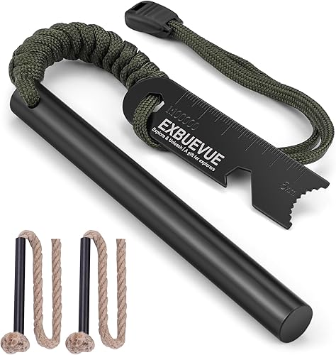 EXBUEVUE Arrancador de fuego, varilla de ferro de 5 pulgadas, herramientas de supervivencia al aire libre, pedernal y acero con 2 cuerdas