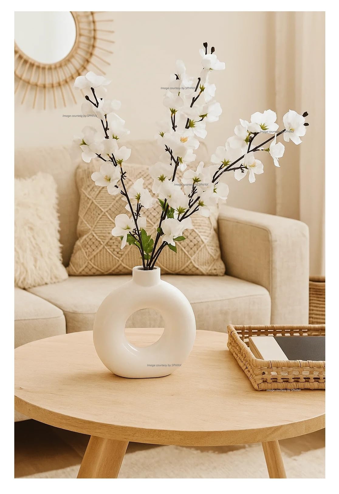 SPHINX Ceramic Vase with Artificial Flowers| Flower Vase Pot for Home Decor,Living Room,Dining Table & Office|Modern for Decoration, (Donut with 1 Cherry Blossom Assorted White OR Yellow)
