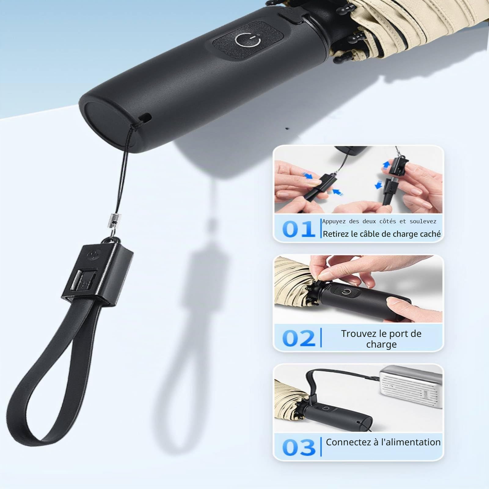 Parapluie brumisateur avec ventilateur et bouteille d'eau, portable 3 en 1 rechargeable par USB, parasol avec brume pour extérieur, plage, barbecue et festivals, blocage des UV