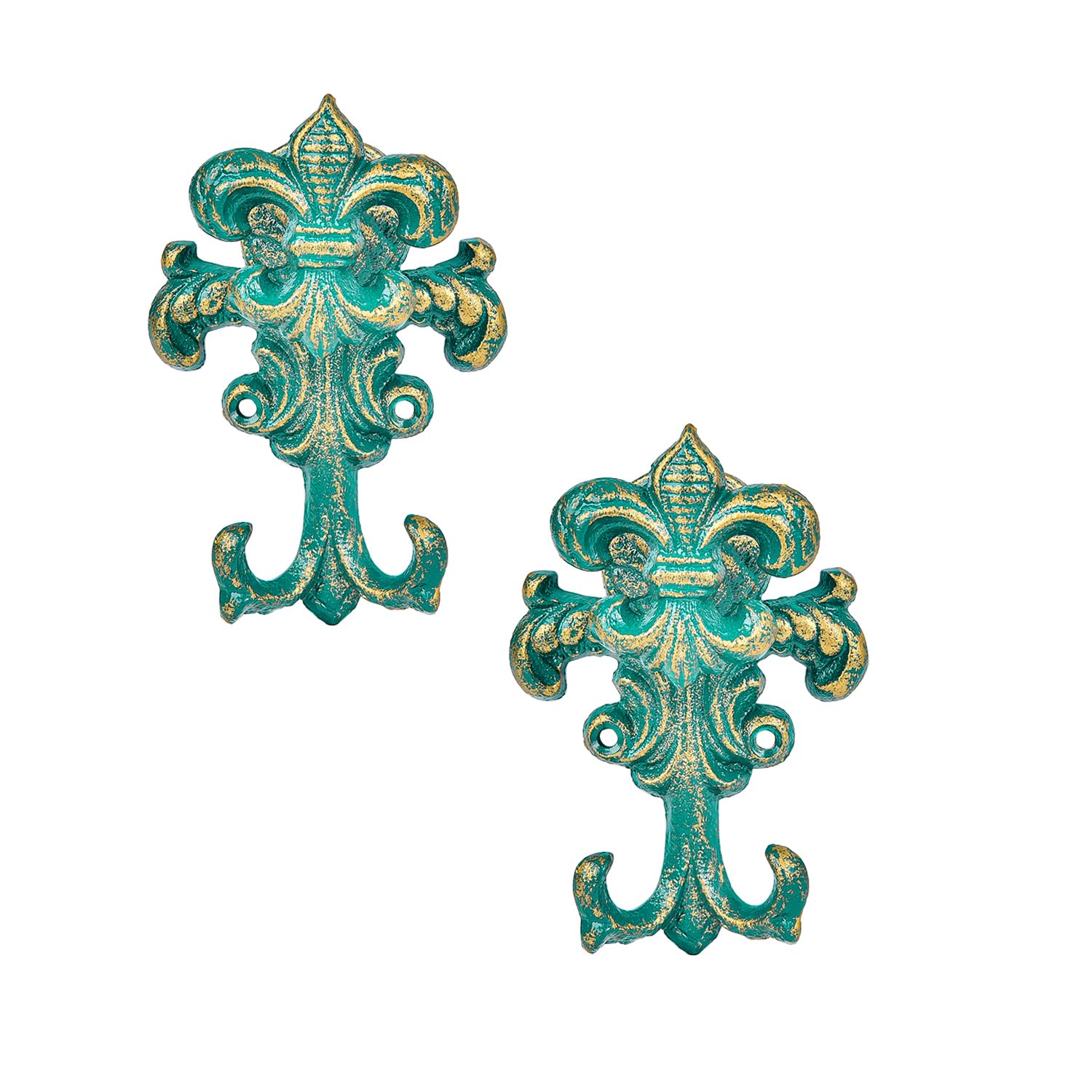 Sungmor Decorative Cast Iron Wall Hooks, Set of 2 Vintage Coat Hooks Farmhouse Key Holder, Large Coat Hanger Towel Rack, Antique Green Wall Mounted Hooks for Hanging Keys, Robes, Hats, Dog Leashes