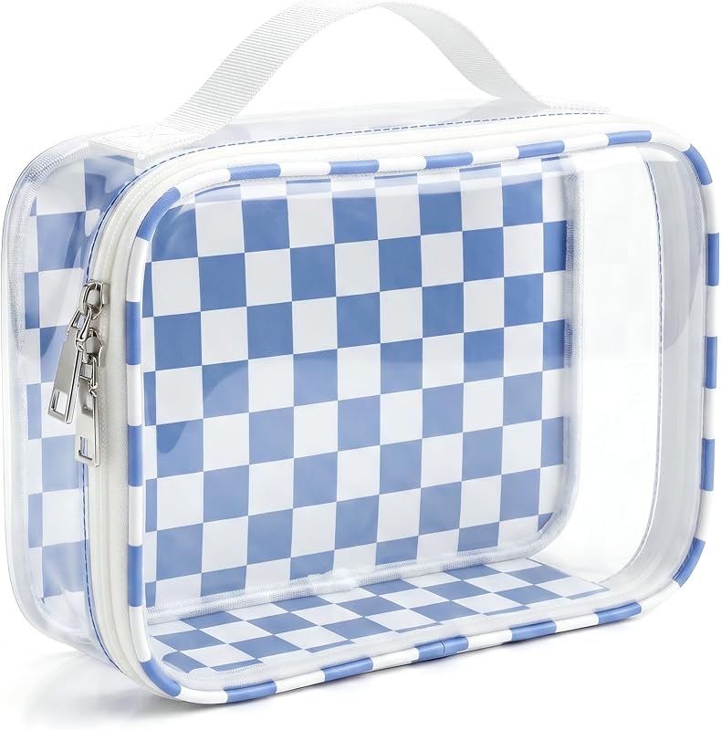 Necessaire transparente LETGO com padrão xadrez, zíper e alça de nylon, Azul e Bege