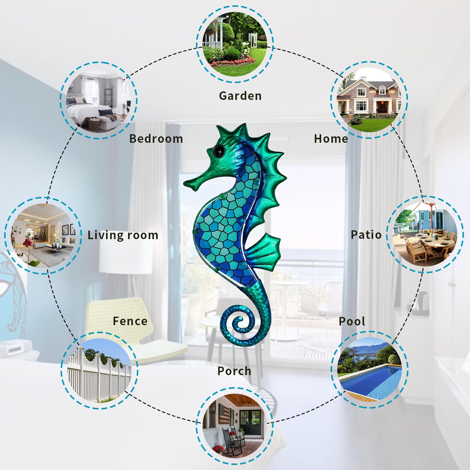 LIFFY Decoración de pared de metal con diseño de caballito de mar con mosaico de cristal, escultura costera, decoración colgante para el hogar, jardín, valla, piscina, playa, baño