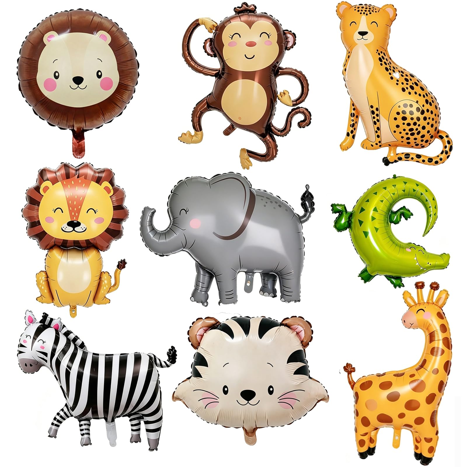 9-Piece Jungle Safari Animal Balloons Set with Giant Lion and Tiger Heads, Reusable Foil Mylar Balloons for Wild One Birthday Decorations and Jungle Theme Party Supplies