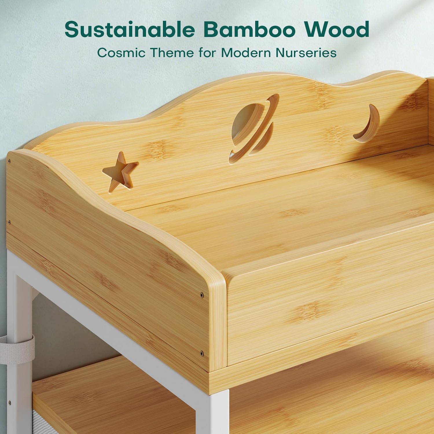 Bamboo Changing Table Dresser with Sturdy Metal Frame, 4 Fabric Drawers, 3-in-1 Baby Dresser with Changing Table Top, Diaper Changing Station and Storage Organizer for Modern Nursery