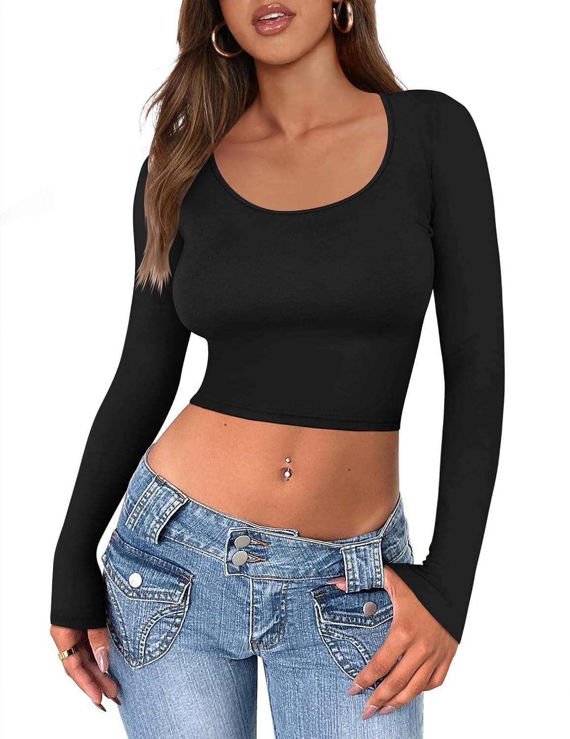 ELESOL Long Sleeve Crop Tops for Women Scroop Neck Lihtweight Basic T Shirts Tight Fitted Y2k Tee