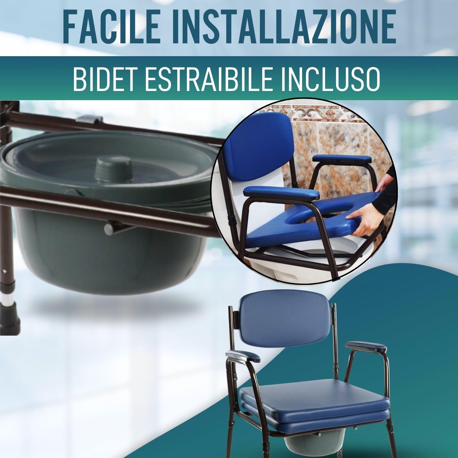 OrtoPrime Sedia WC per Anziani Acolchita - Sedia WC Portatile Regolabile - Comoda WC con Bidet Rimovibile - Sedia Comoda per Anziani - Robusta e Confortevole