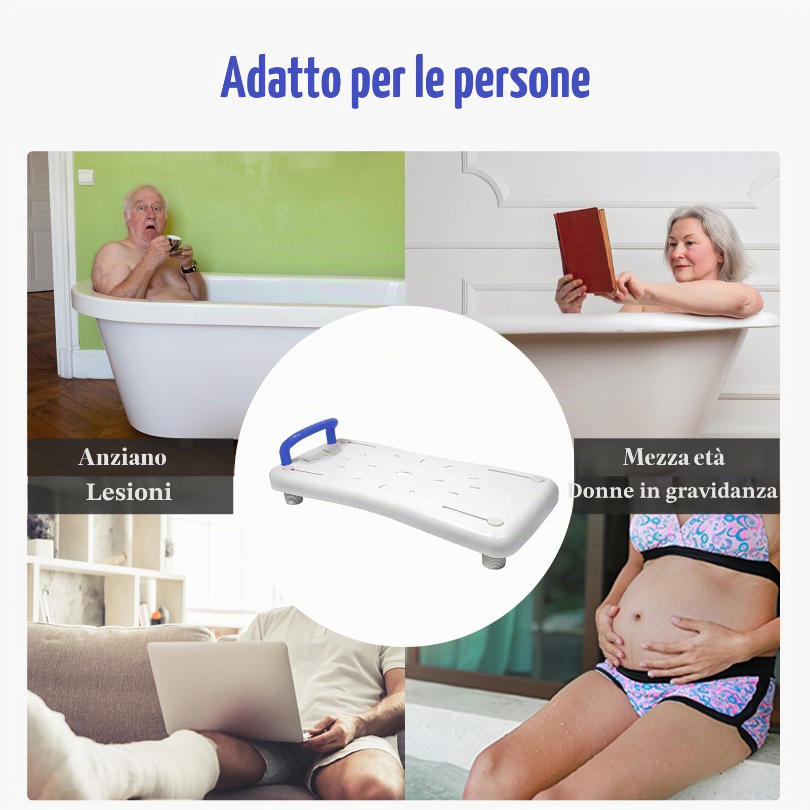 YUENFONG Asse per vasca da bagno, 70 x 31 cm, seduta per vasca da bagno, con manico, in plastica, portata fino a 150 kg, per vasca da bagno, manico blu