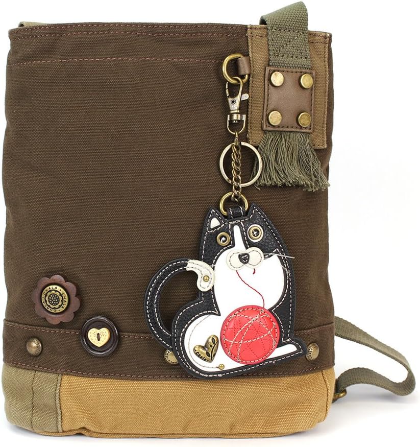 Chala Handbag -Black Cat Patch Crossbody Canvas Messenger Bag (Dark Brown)