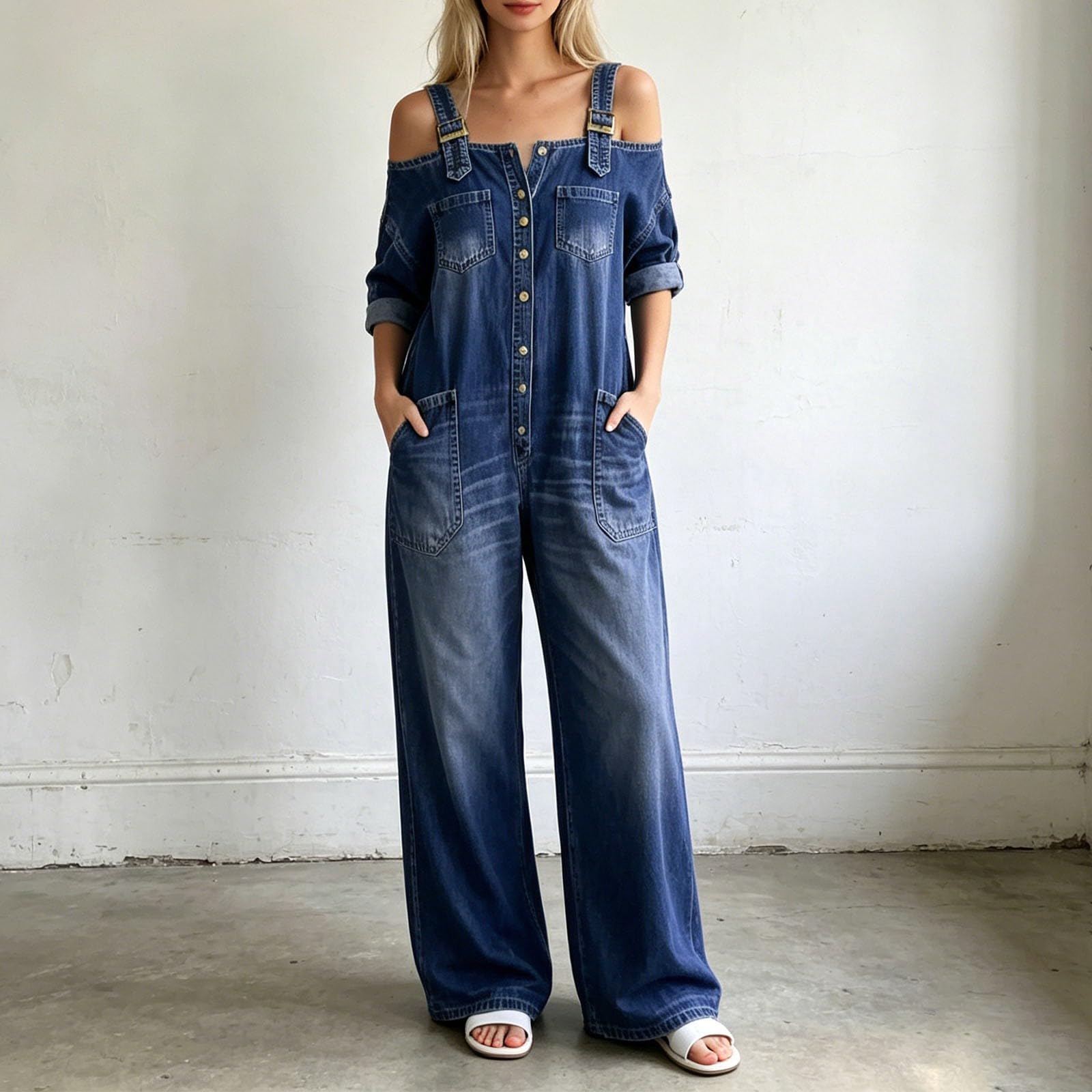 Peto vaquero para mujer, estilo vintage, con hombros descubiertos, de una pieza, de pierna ancha, mono vaquero desgastado, cómodo pantalón vaquero, pantalón de pierna recta, con tirantes