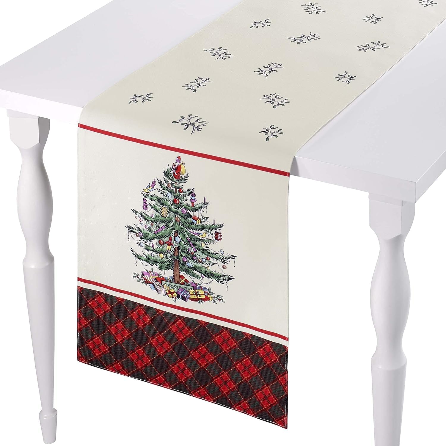 Spode - Table Runner, Holiday Home Decor Christmas Tree Tartan, 14" x 90"