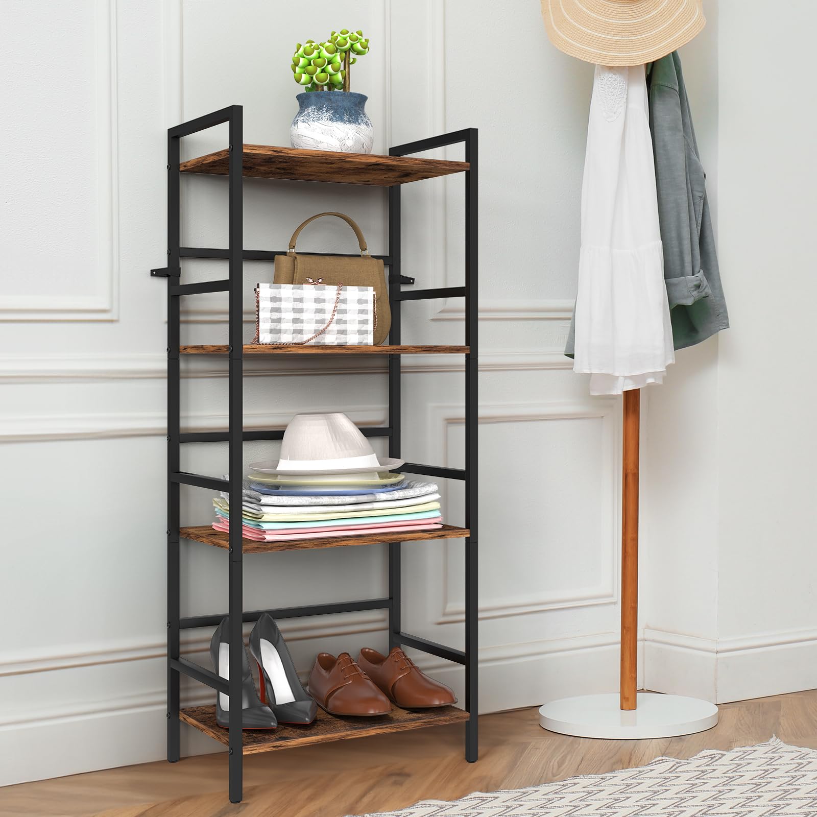 CADUKE 4-poziomowa półka na książki z miejscem do przechowywania Industrial Open Etagere Bookcase Wood Metal Book Shelf Stand Brown Regały na książki do salonu, sypialni, biura
