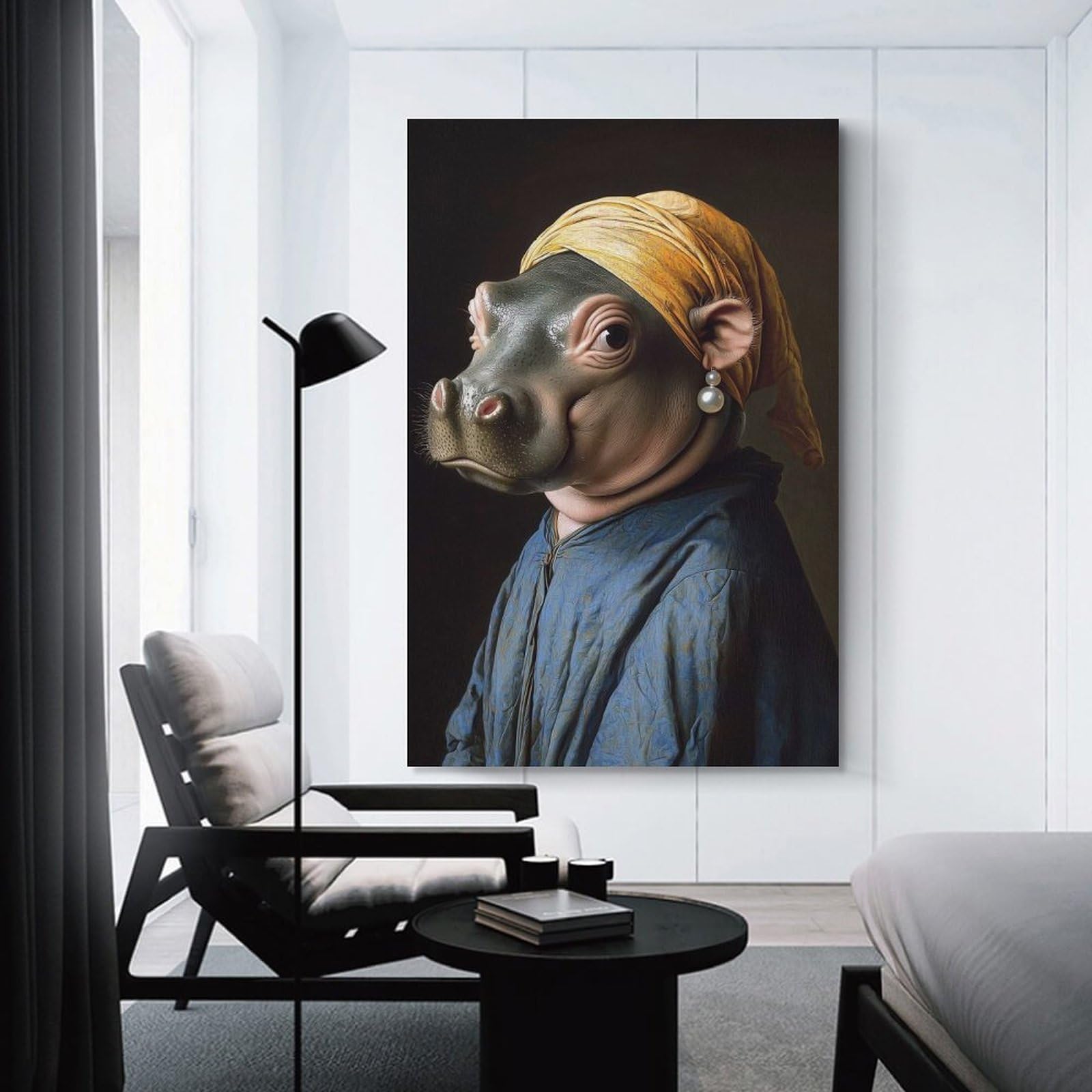 Junmoney Hippo Girl with Pearl Earring Wall Art Print, 16x24inch(40x60cm), for Entrance Spaces, Stair Walls Or Halls, Home Artwork for First Impressions