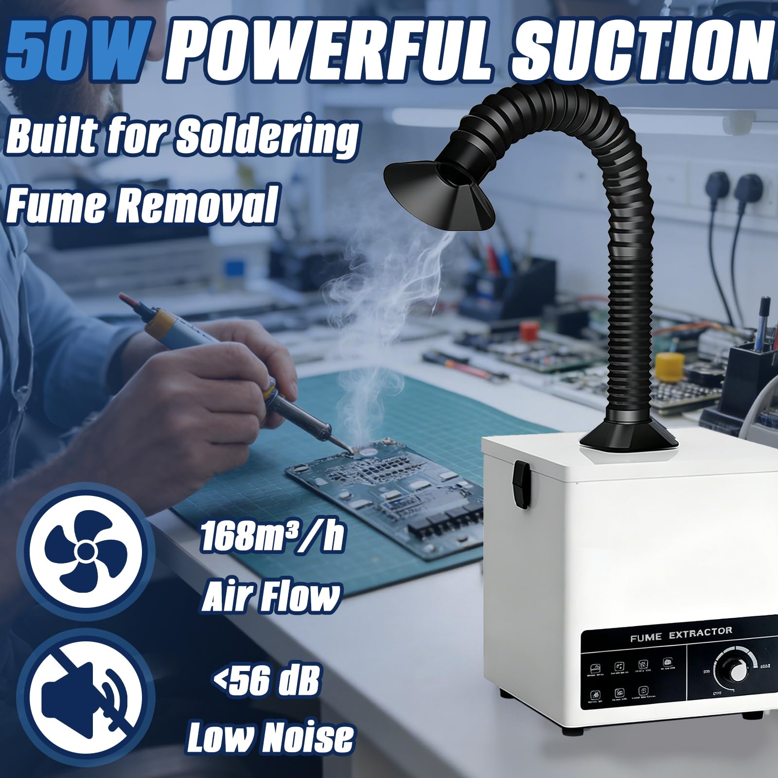Aspiratore fumi saldatura 50 W con filtro a 3 stadi, estrattore fumi da banco 168 m³/h, purificatore per fumi di saldatura, vapori laser e polveri sottili (4 prefiltro di ricambio inclusi)