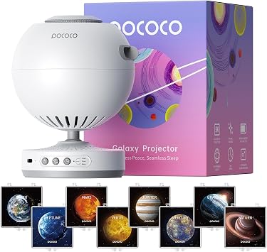 POCOCO Galaxy Star Projector + Immersive Planet Series Discs | 10 Discs Total, Rechargeable, 1W Soft Light, 2 Megapixel Lens, 5K Discs, Realistic Galaxy