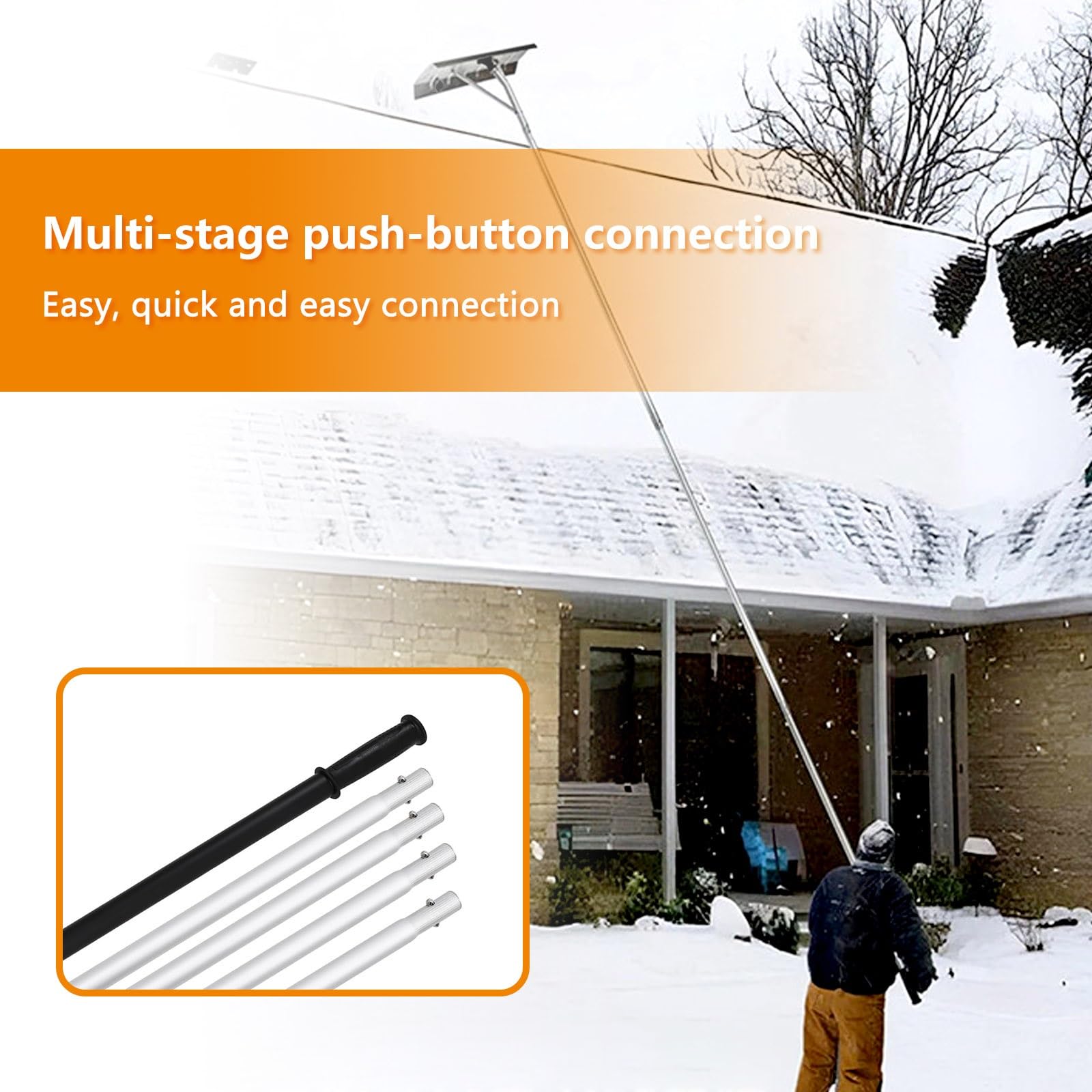 Râteau à neige pour toit, outil de déneigement extensible en aluminium avec roues, installation facile, connexion à bouton-poussoir à plusieurs étapes, parfait pour déneiger les toits