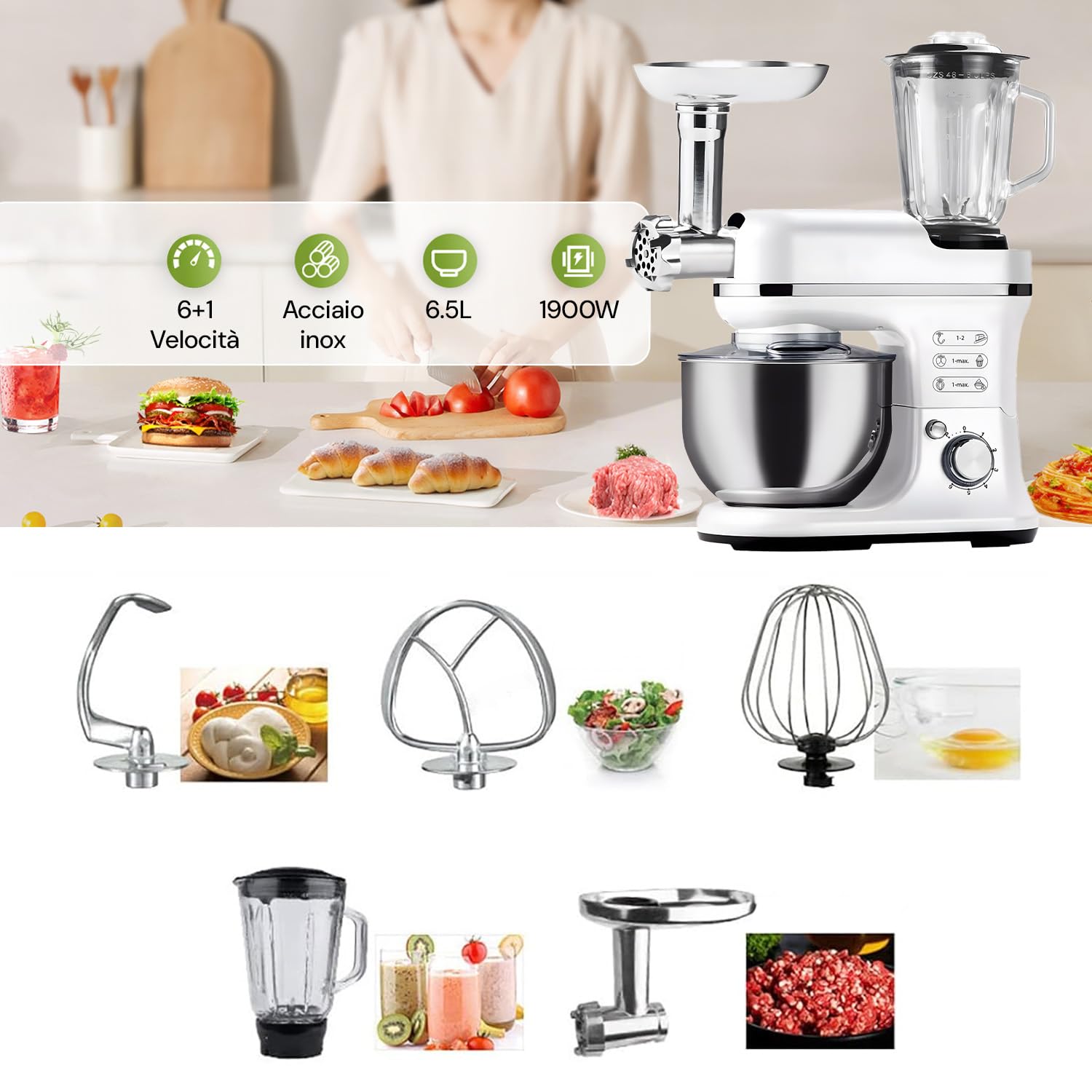 Avilia Robot da Cucina Planetaria 1900W con Tritacarne e Frullatore - Ciotola in Acciaio Inox da 6,5L - 6 Velocità e Funzione Pluse - Ideale per Impasti, Frullati e Tritature