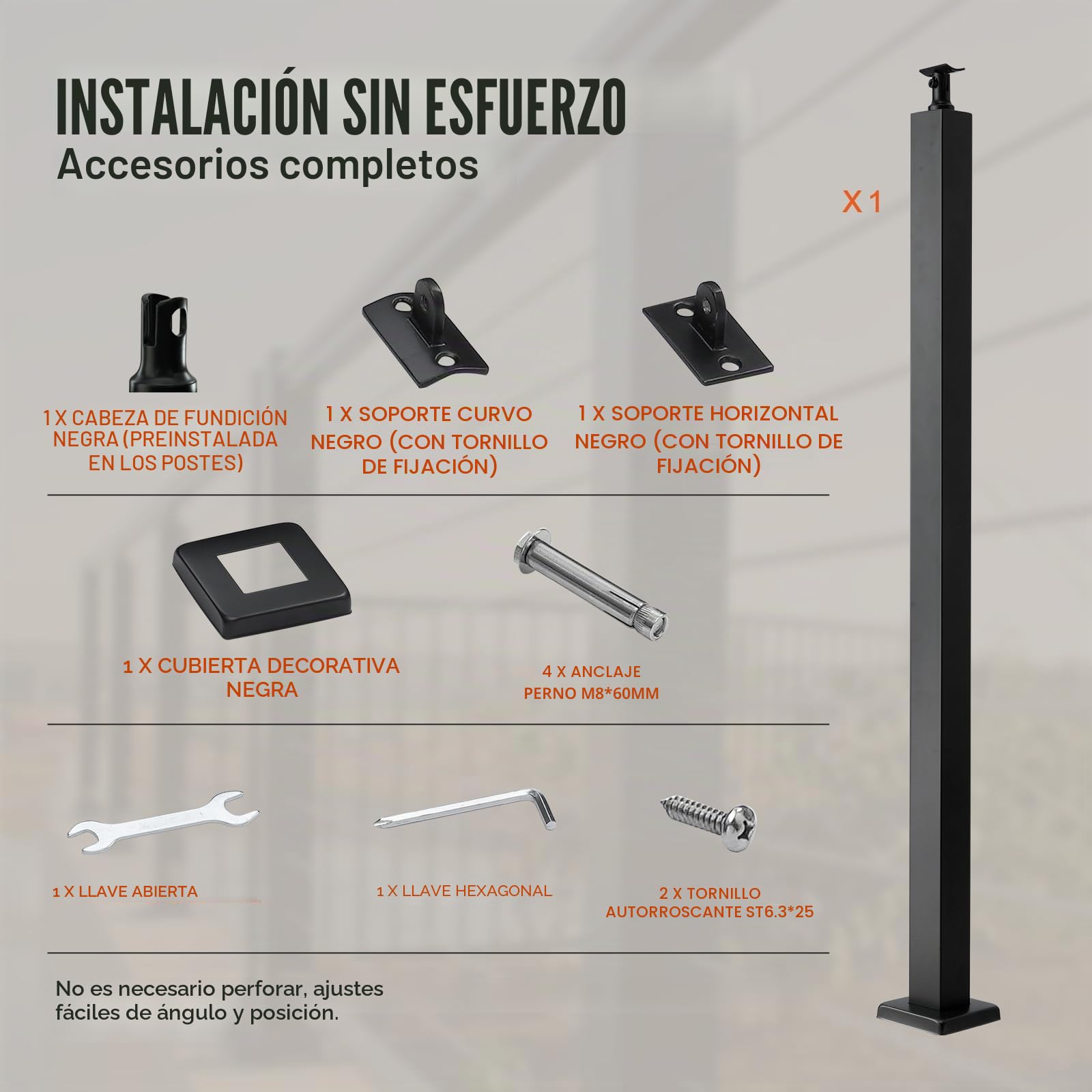 VEVOR Poste de Barandilla 106,7x5x5 cm Barandilla para Escalones con Accesorios de Montaje Columna del Pasamano de Acero Inoxidable con Soporte de Montaje para Terraza Jardín interior/Exterior, Negro