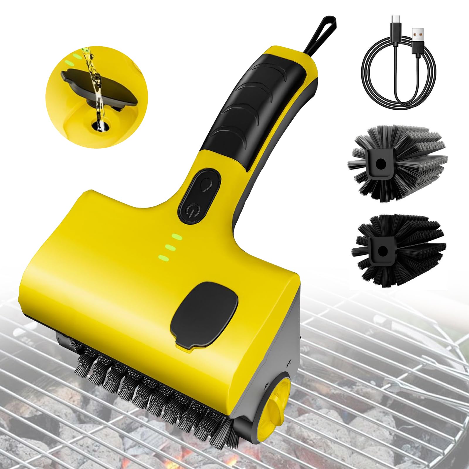 Roadtime Cepillo Eléctrico Inalámbrico para Parrilla con Tanque Agua | cepillo de limpieza con 2600 mAh batería&2 cabezales giratorios de 360°,Cepillo Barbacoa para CarbóN,Electricidad Parrilla
