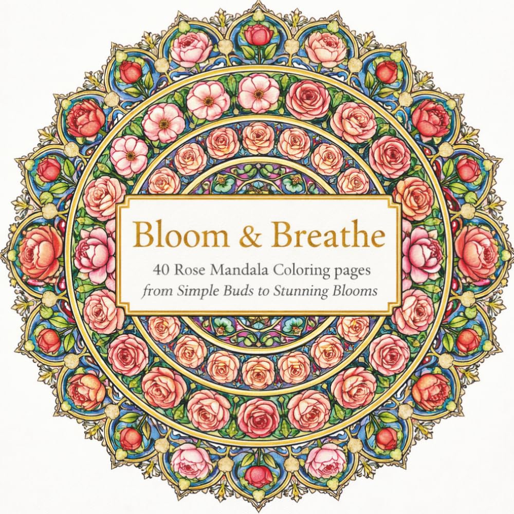 Bloom & Breathe: 40 Rose Mandala Coloring Pages from Simple Buds to Stunning Blooms